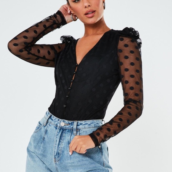 Missguided Tops - Black Polka Dot Mesh Long Sleeve Bodysuit